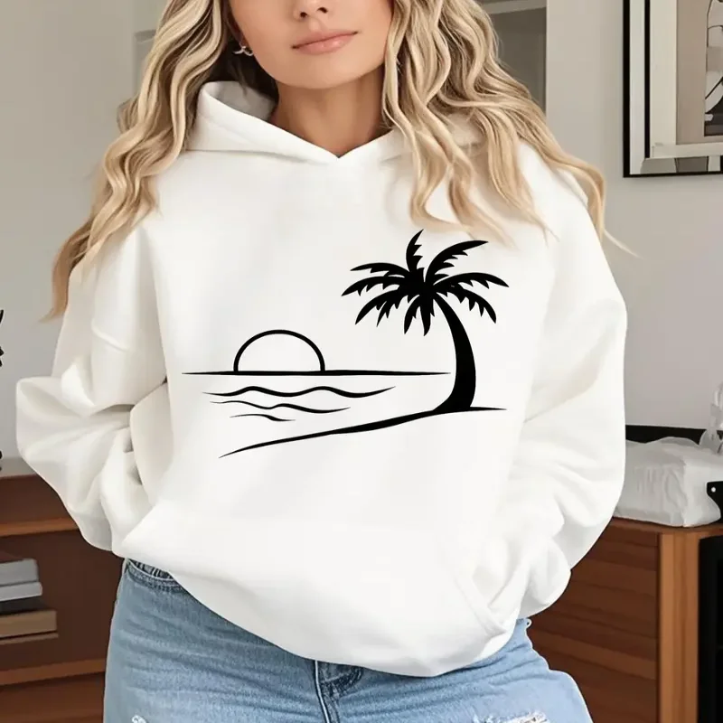 

Женская толстовка большого размера, уютная, удобная, пальма, закат, принт, карман кенгуру, повседневная повседневная одежда, идеальные занятия для отдыха