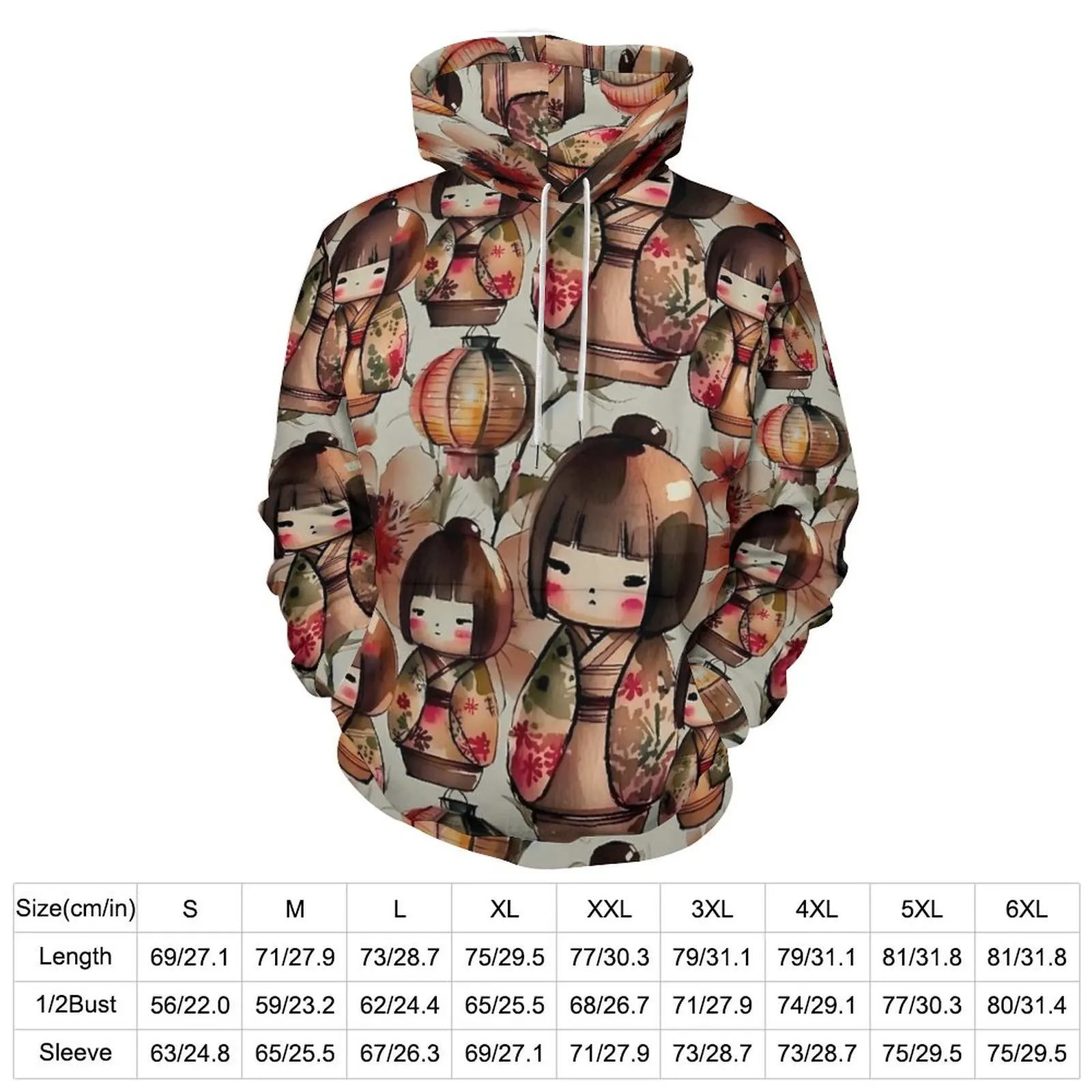 Japanese Dolls Hoodies Kokeshi Dolls Hip Hop Casual Pullover Hoodie Long Sleeve Aesthetic Pattern Hooded Sweatshirts Large Size