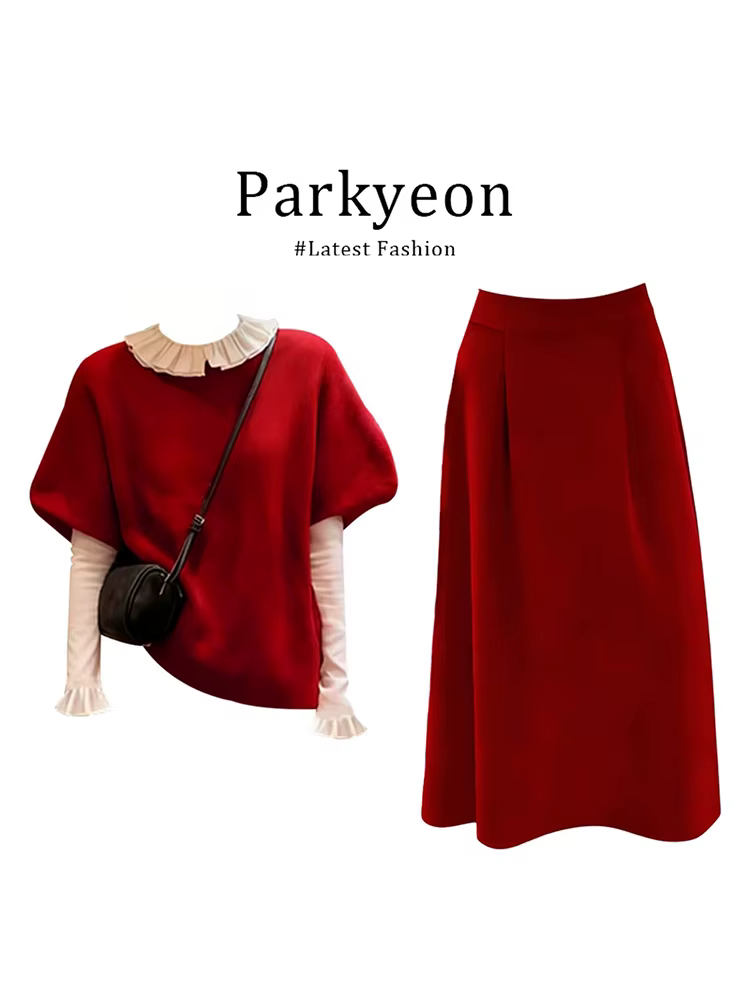 

Parkyeon Red Bubble Sleeve Vest Wooden Ruffle Base Shirt Women's Autumn Winter New Half Skirt Three Piece Set Fashionable