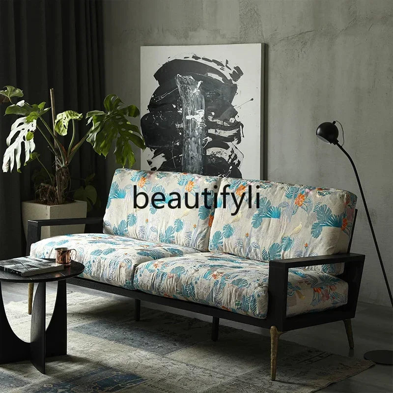 

Asmt14 New Nordic British Expression Cast Iron Light Vintage Brass Legs Embroidered Fabric Down Soft Bag Three-person Sofa