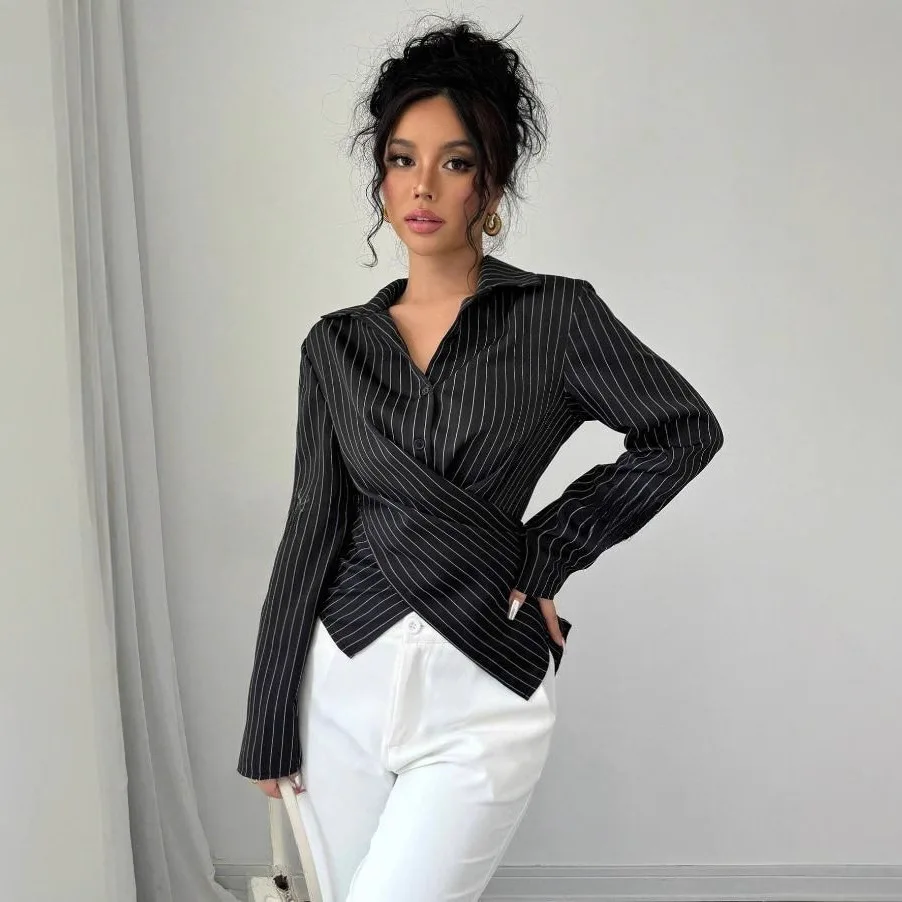 

Designer Irregular Long Sleeve Polo Shirt Women Tunic Stripes Elegant Basic Top Blouse Ladies Fashion Work Wear Shirts Blusa