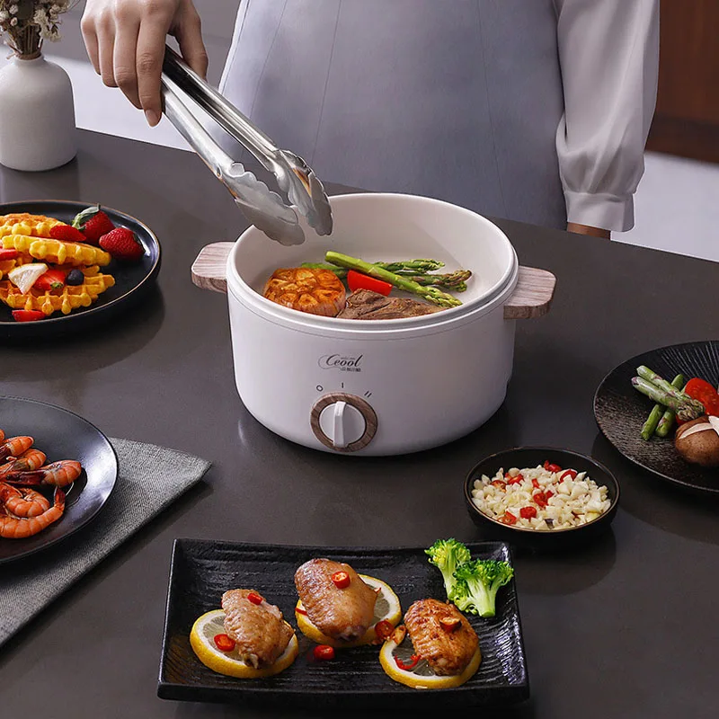 Multifunction Mini Electric Cooking Pot 1.5L Non-Stick Cooker Hot Pot with Food Steamer for Steak Soup Egg Noodles Power Adjust