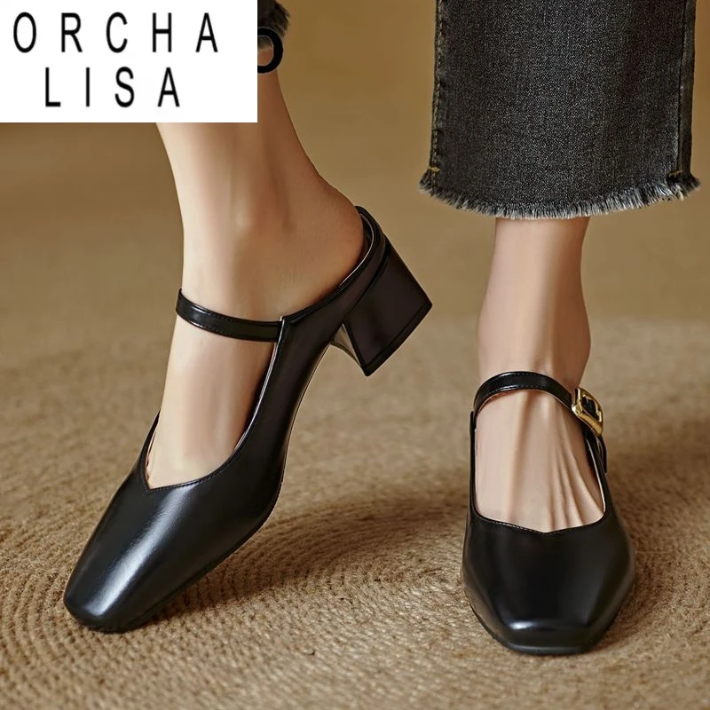 

ORCHA LISA Design Женские сандалии с квадратным носком на блочном каблуке 4,5 см Слипоны Мюли с пряжкой на ремне Плюс Размер 44 45 46 Модная обувь для свиданий
