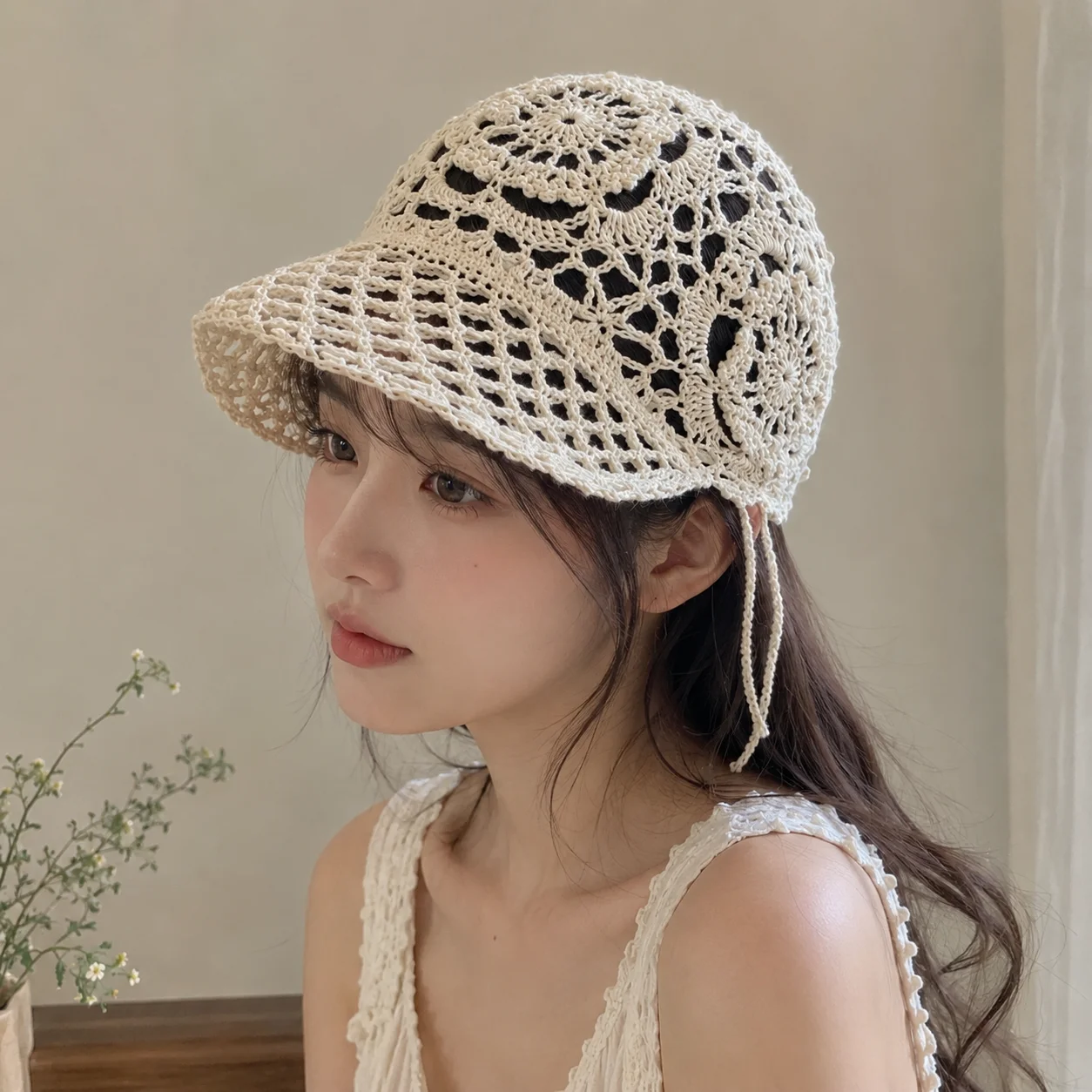 Breathable Floral Crochet Knit Peaked Cap Hollow Mesh Sun Hat Adjustable Lightweight Summer Baseball Hat for Girls 5