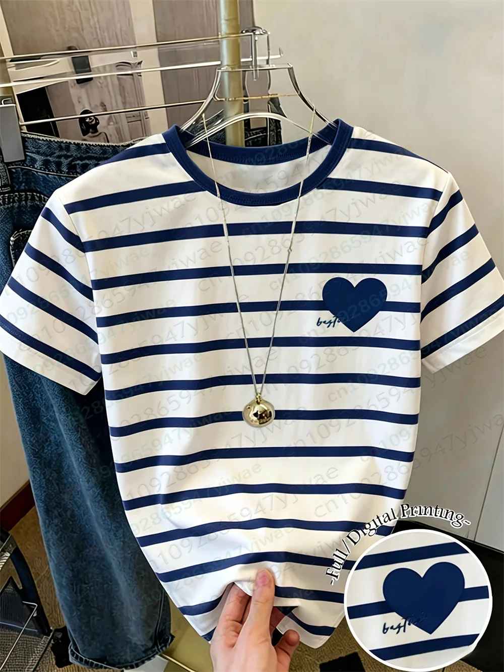 Love Print Half Sleeved Casual Round Neck Quick Drying T-Shirt With Contrasting Stripes Short Sleeved Summer Women'S T-Shirt