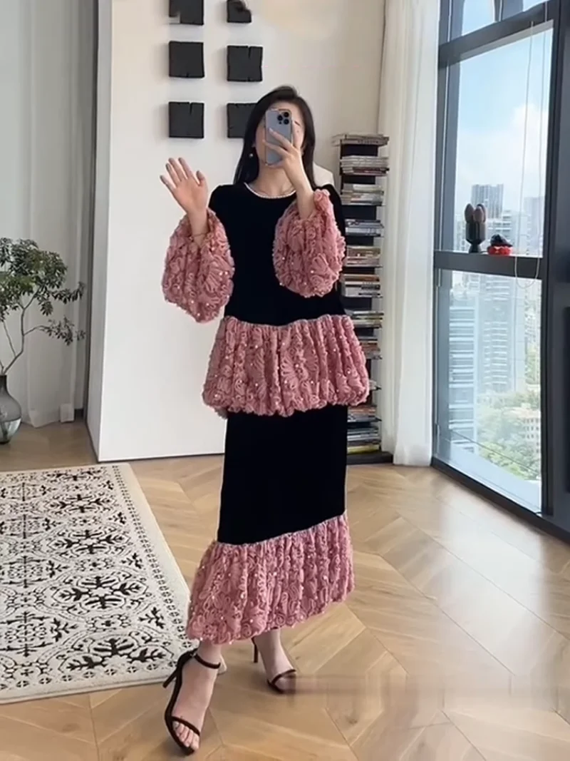 Plush Thicken Warm Warm Autumn And Winter Outfit, Fashion Spliced Black Velvet Suit Skirt + Shirt Two Piece Set w1493