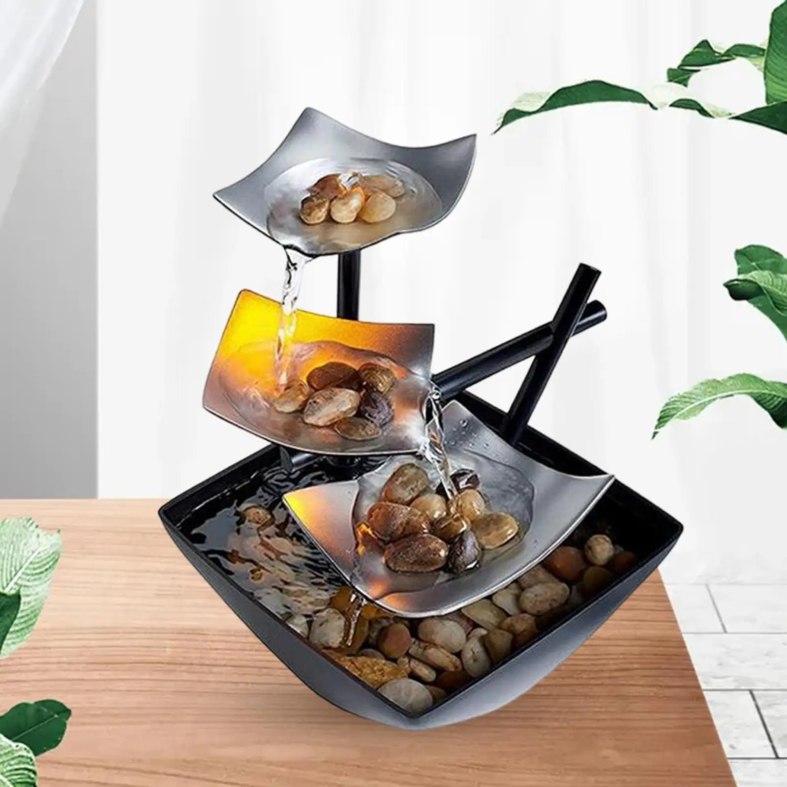 3 Tier Tabletop Water Fountain USB Powered Waterfall Relaxing Fountain with LED with Pump Rocks for Decor Gift Craft Ornament