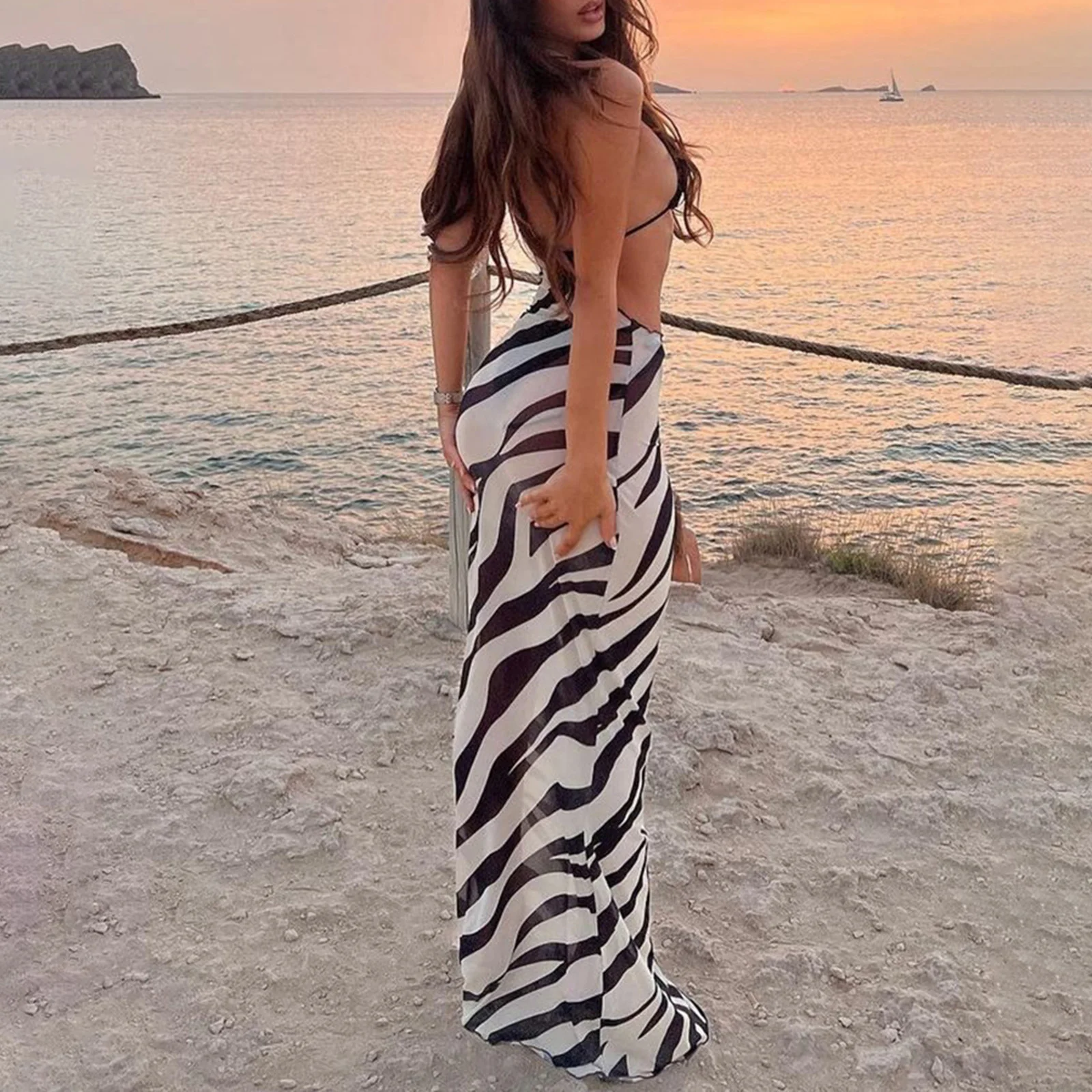 Yiiciovy Striped Print Women Beach Cover Ups Bohemian One Shoulder Mesh Beach Maxi Dress Sleeveless Cutout Bodycon Long Dresses