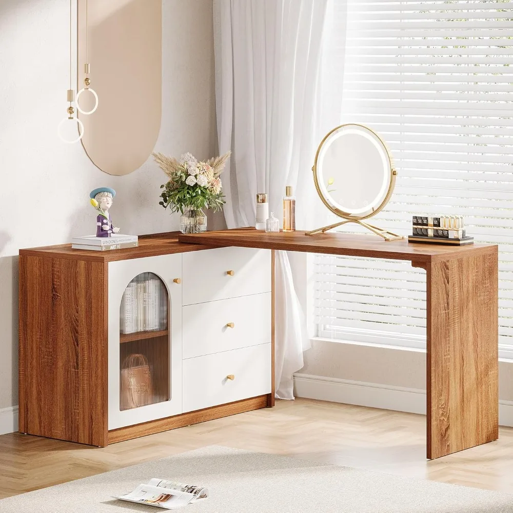 Large Retractable Makeup Vanity Desk with 3 Drawers and Cabinet, Bedroom Corner Dressing Table in Walnut Finish