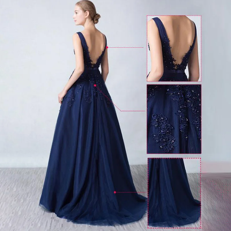 Navy Blue Bridesmaid Dress Tulle Applique Sexy V Neck Boho maid of honor dresses for weddings trailing vestidos de gala Backless