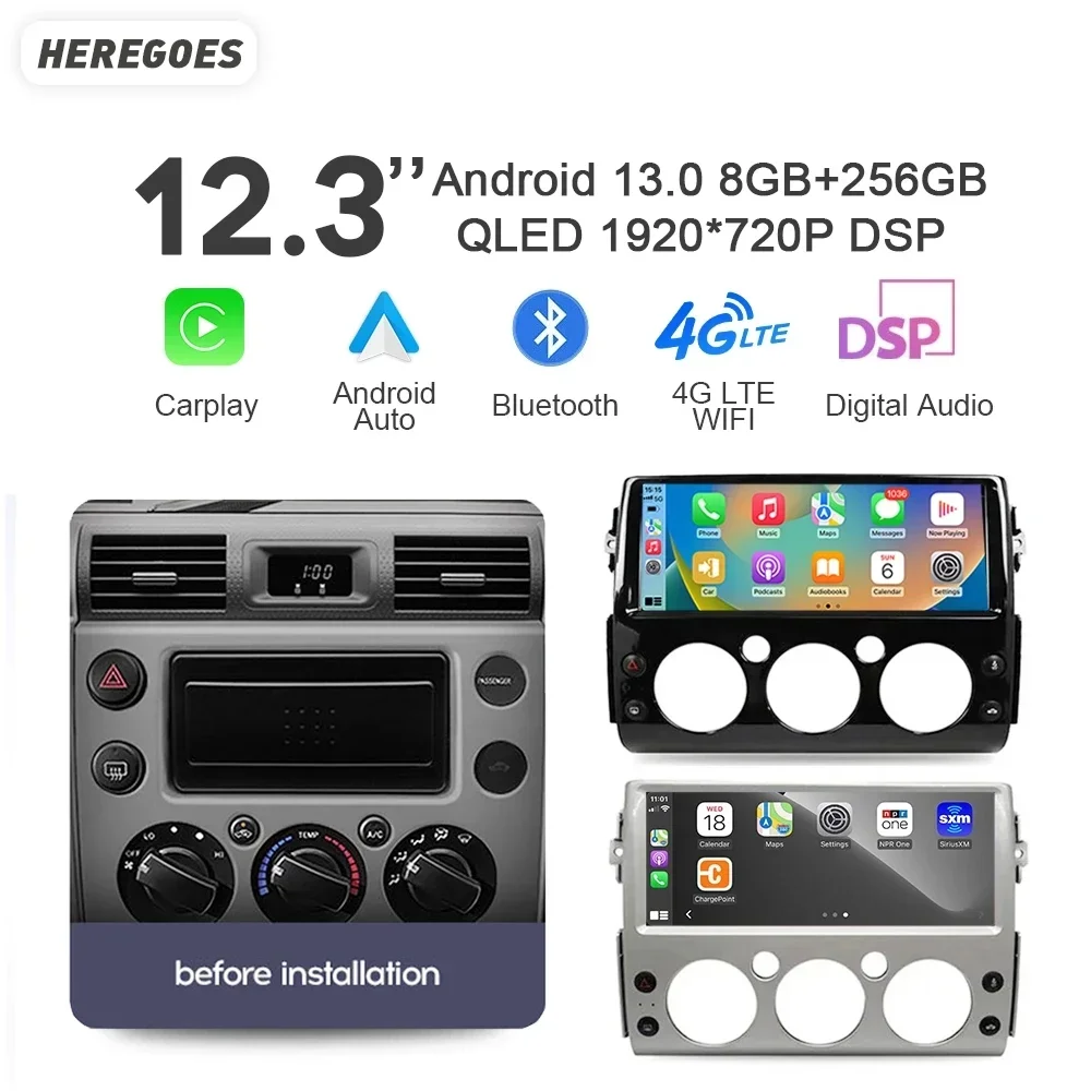 

12,3 "8G + 256GB Авто Android 13 автомобильный проигрыватель с радио и GPS Carplay навигация Bluetooth 4G LTE Wifi DSP для Toyota FJ Cruiser 2007-2018