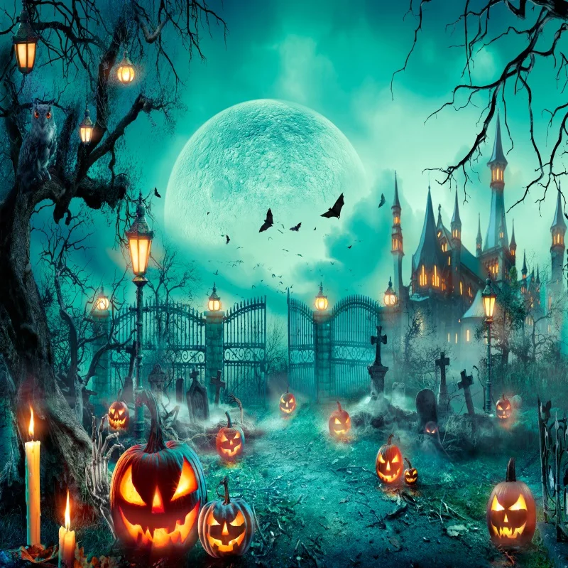 โคมไฟฟักทองฉากหลังคืนวันฮาโลวีนคืนพระจันทร์เต็มดวงพื้นหลังรูปสุสานน่ากลัวน่ากลัวโคมไฟสำหรับงานปาร์ตี้ที่น่ากลัว