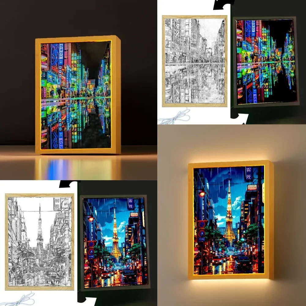 Beautiful City Tokyo Japan Light Painting Photo Frame Led Night Light Lamps Bedside Table Home Decorate Friend Gifts Moon Lamp