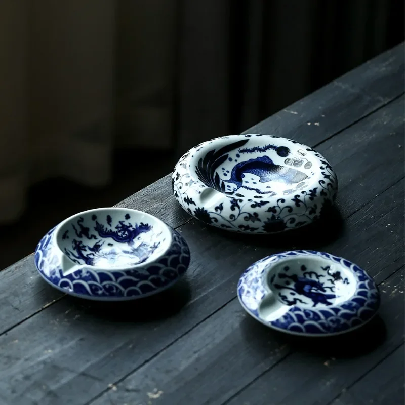 Hand-painted blue and white fish and algae pattern cigar ashtray dual-purpose large-diameter cigar special
