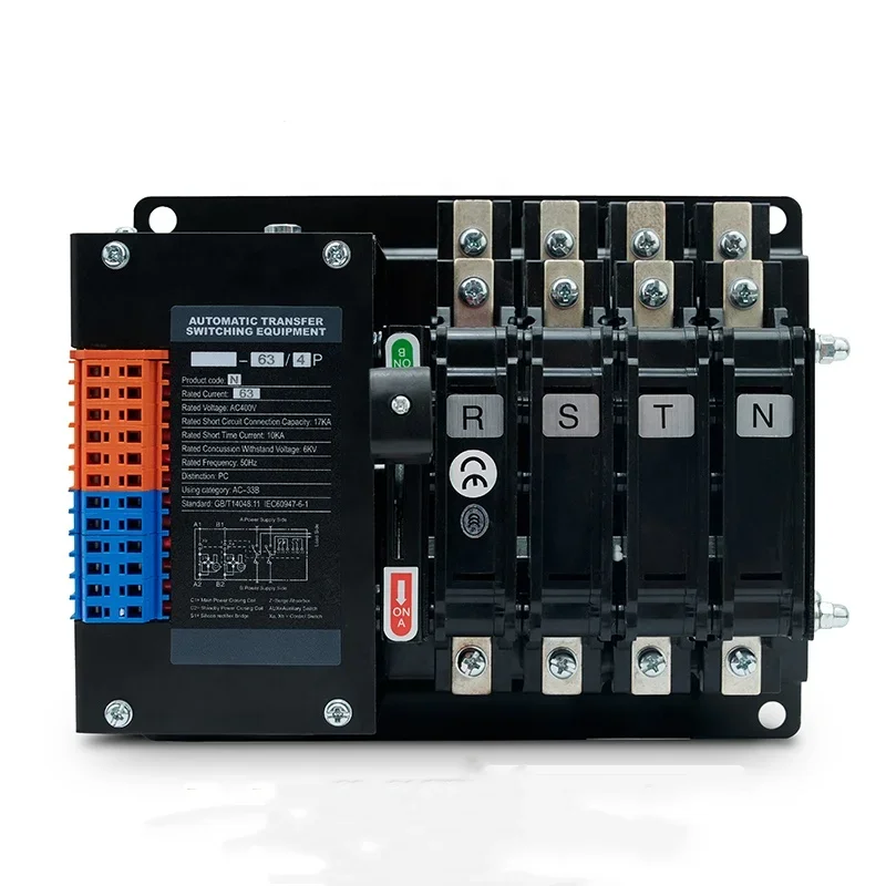YES1-63N-4P PC grade double power automatic transfer switch for =generator 63A load switching Arc extinguishing chamber