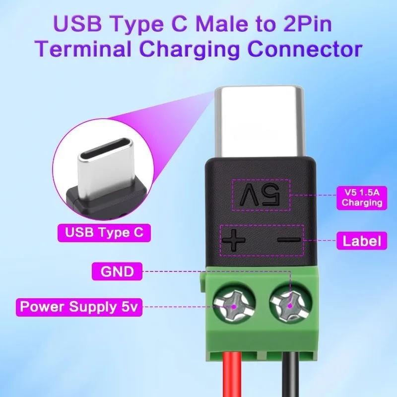 5V Solderless Plug USB C To 2Pin Terminal Adapter Screw 5V Crimp Terminal Block Green Data Transfer Charging Connector 1/2/3/6PC
