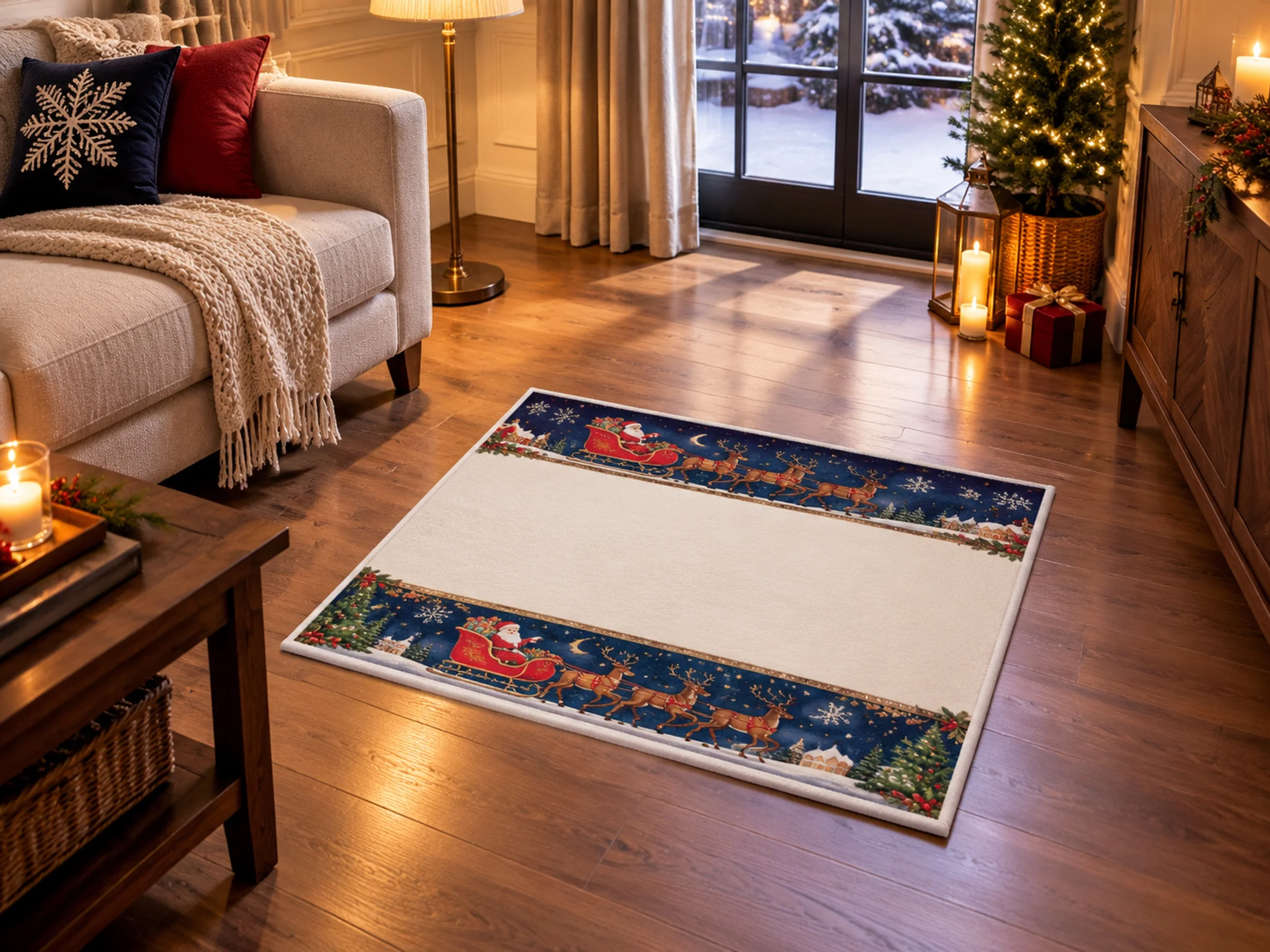 VIKAMA Christmas Midnight Blue Sleigh Flannel Door Mat, Memory Foam Anti-Slip Mat, Xmas Decor for Entryway, Front Door