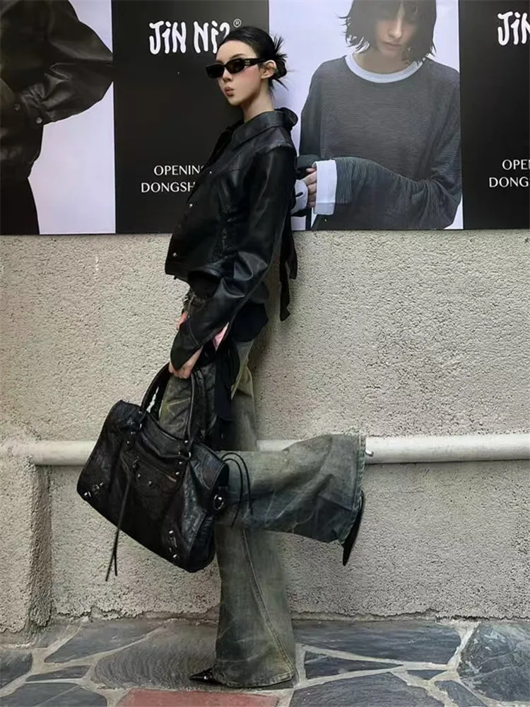 Niebieskie dżinsy damskie Vintage High Waisted Cargo Straight Summer NEW Casual Big Size Wide Leg Denim Baggy Pants Y2K Spodnie damskie