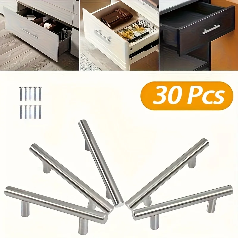 30Pcs Brushed Nickel SS T-Handles - Modern Durable Cabinet Hardware, Easy Grip, Anti-Corrosion for Kitchen/Office/Commercial