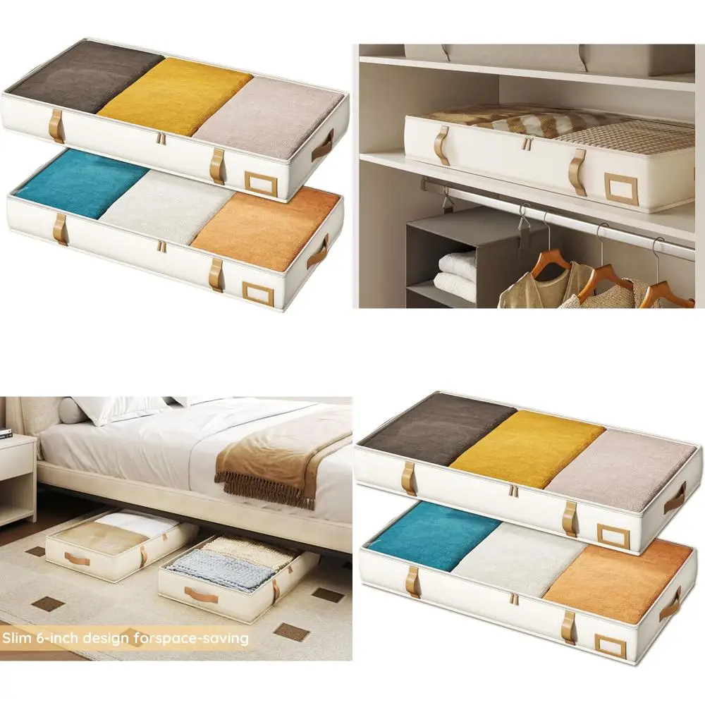 

2-Piece 60L Beige & Brown Underbed Storage Boxes with Leather Handles for Clothes, Blankets, and Seasonal Storage