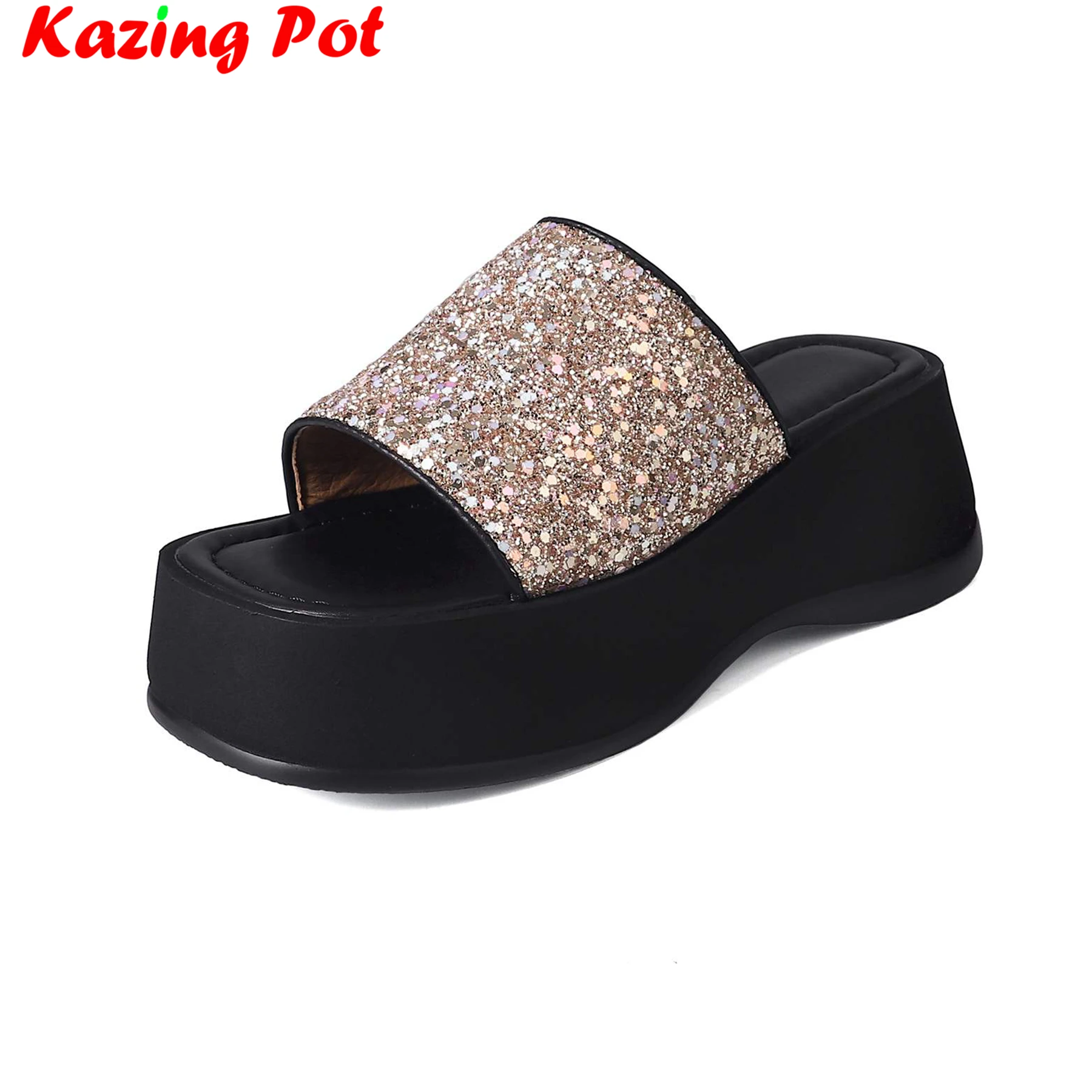 Krazing Pot Sequined Cloth Mules Peep Toe High Heels Bling Summer Shoes Casual Platform Thick Bottom Runway Modern Women Sandals