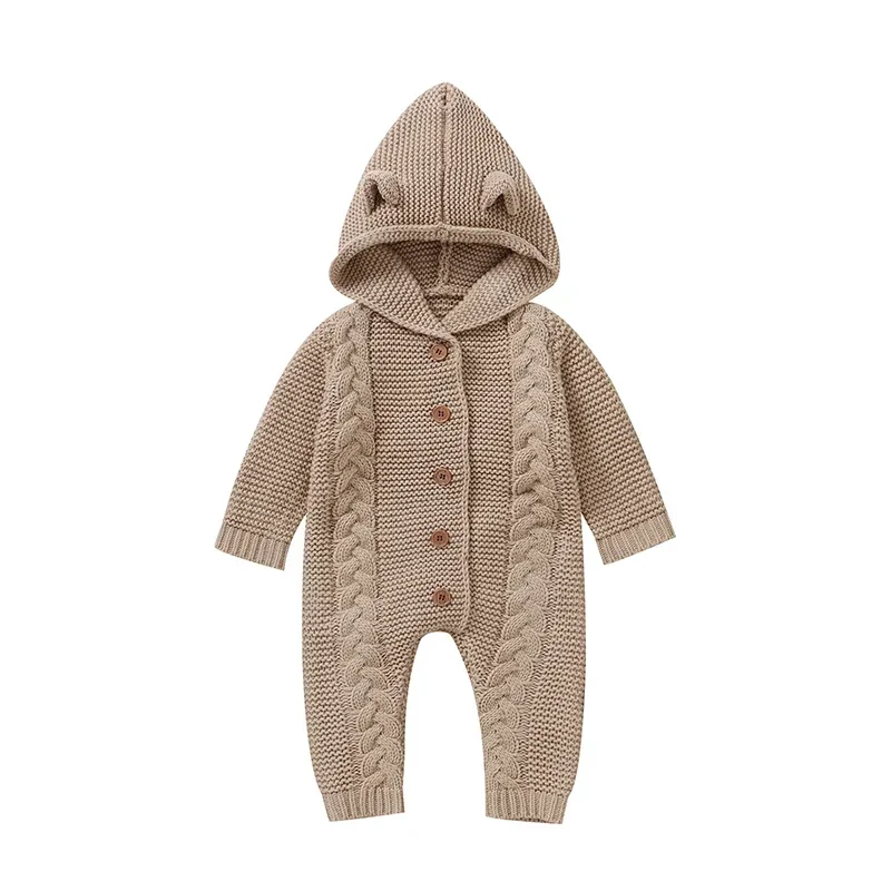 Kids Boy Girl Button Up Jumpsuits Outfits Toddler Outwear Clothes Baby Romper Long Sleeve Spring Autumn Solid Hooded Knit Infant