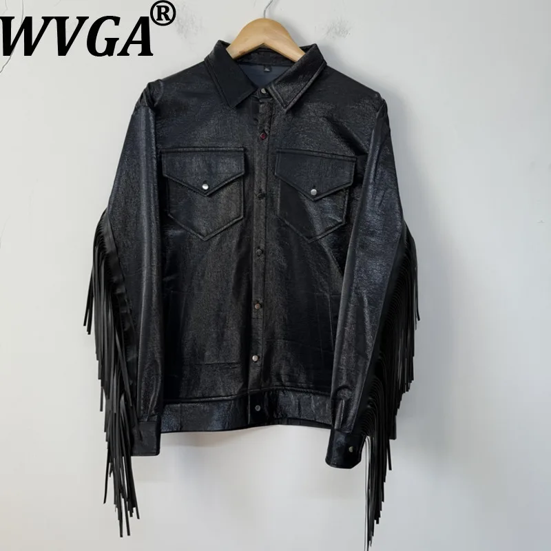 

WVGA Spring Autumn New Man Tide High Street PU Tassel Trendy Design Jackets Niche Chic Casual Long Sleeved Coats Ins Y2K W12802