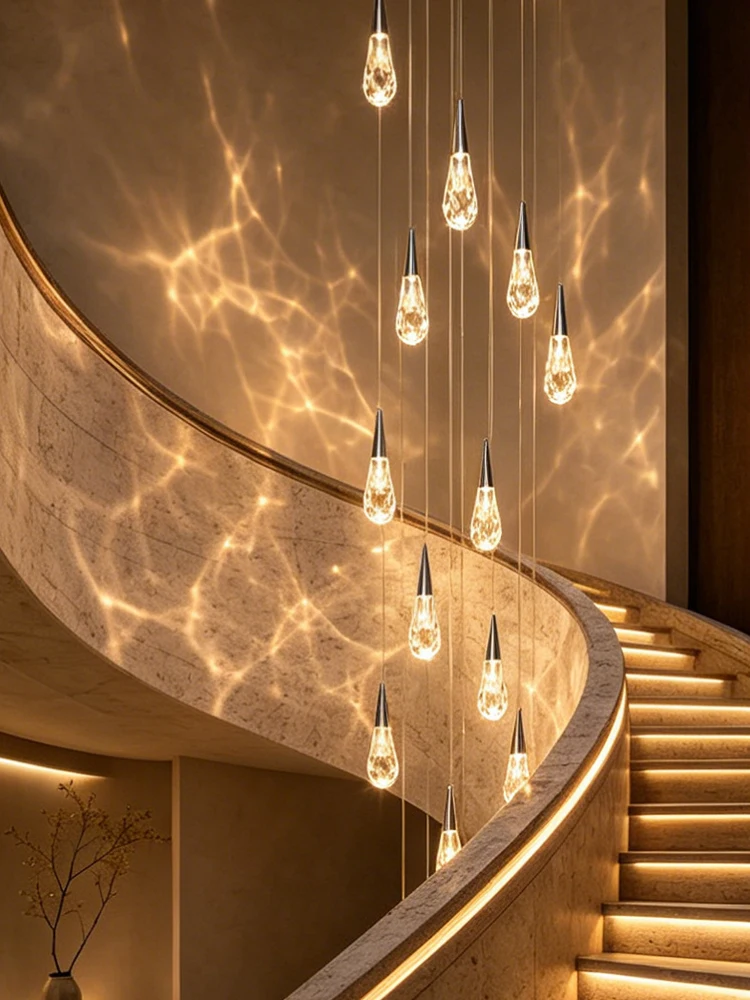 

Modern Luxury Crystal Chandelier Hanging Staircas Water Droplet Pendent Lamp Villa Living Room Ceiling Light Attic Pendant Light