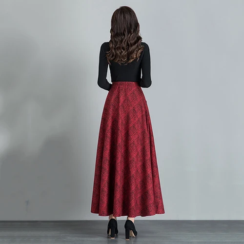 Imagen 2 del producto Nuevo Mujeres falda larga de lana Otoño Invierno Moda Elástico de cintura alta Una línea Mezcla de lana falda a cuadros Vintage Elegante Falda