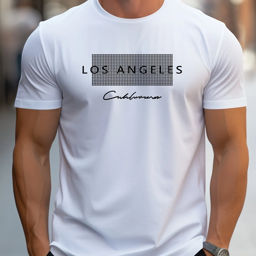 

Men's summer loose fit large Los Angeles Graphic printed slim fit casual sports round neck short sleeved T-shirt top