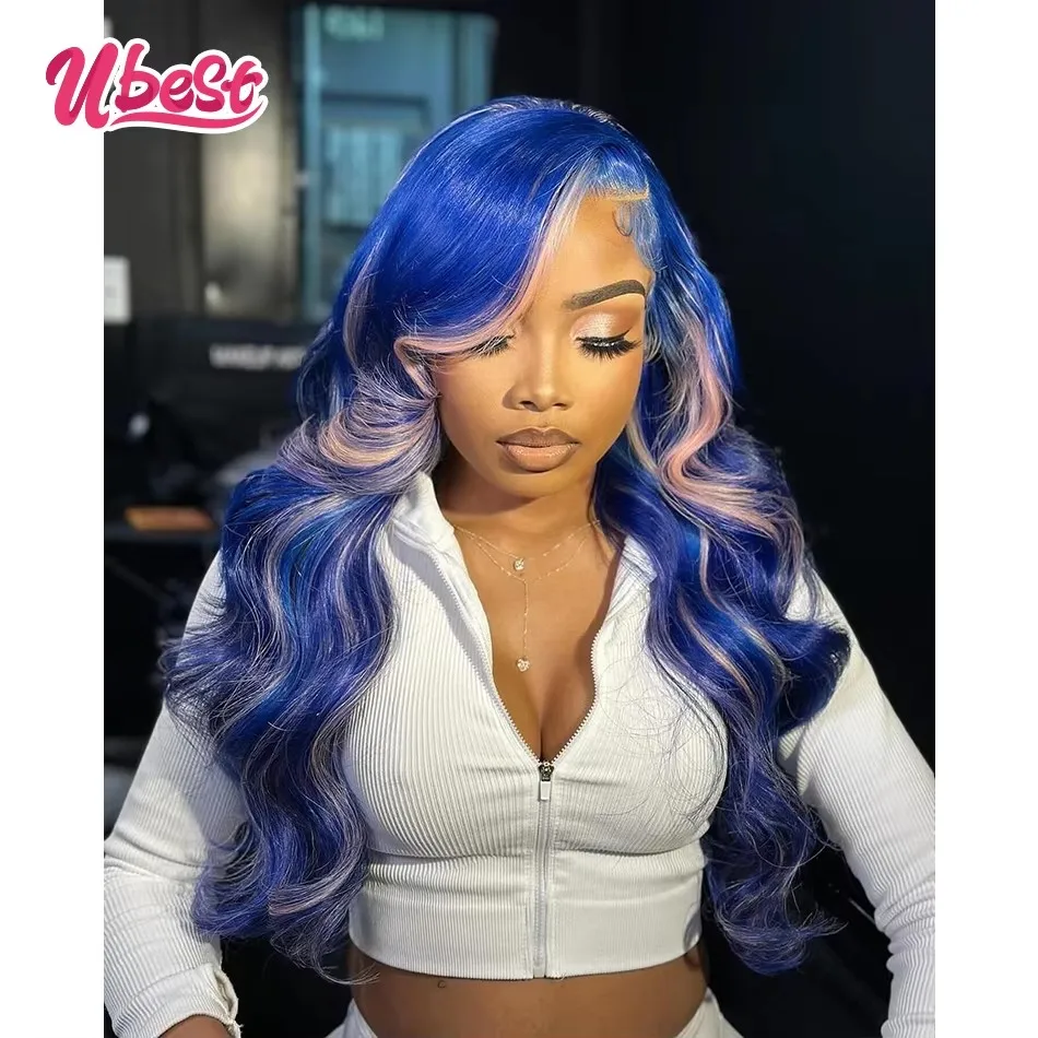 

Blue With Pink Colored Body Wave 13x6 Lace Front Wigs Brazilian 100％ Human Hair Transparent Glueless Wig Pre Plucked For Women