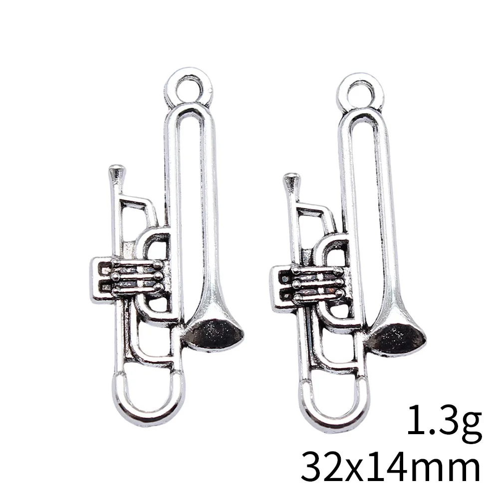 WYSIWYG 20pcs 32x14mm Antique Silver Color Musical Instrument Trumpet Charms Pendant For DIY Jewelry Making Jewelry Findings