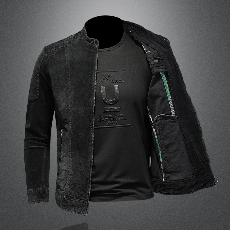 2024High Quality Men Europe and The United States Style Stylish Handsome Casual Boutique Corduroy Solid Color Denim Trend Jacket