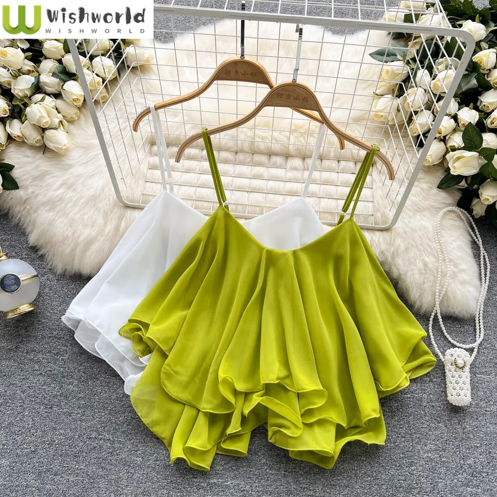 

Summer Blouse Versatile Loose Ruffle Edge Off Shoulder Double-layer Sleeveless Chiffon Camisole Vest for Women
