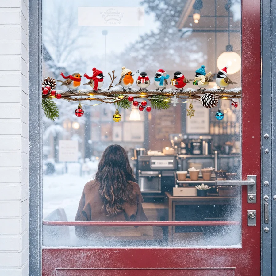 Christmas window stickers, birds on tree branches as Christmas decorations, winter snow scene glass door stickers