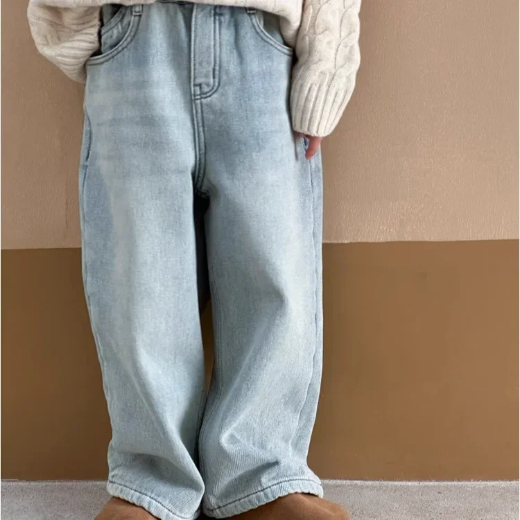 Jeans de perna reta estilo coreano para crianças, calças de perna larga, soltas, estrangeiras, casuais, simples, roupas de menina, novas, outono, 2022