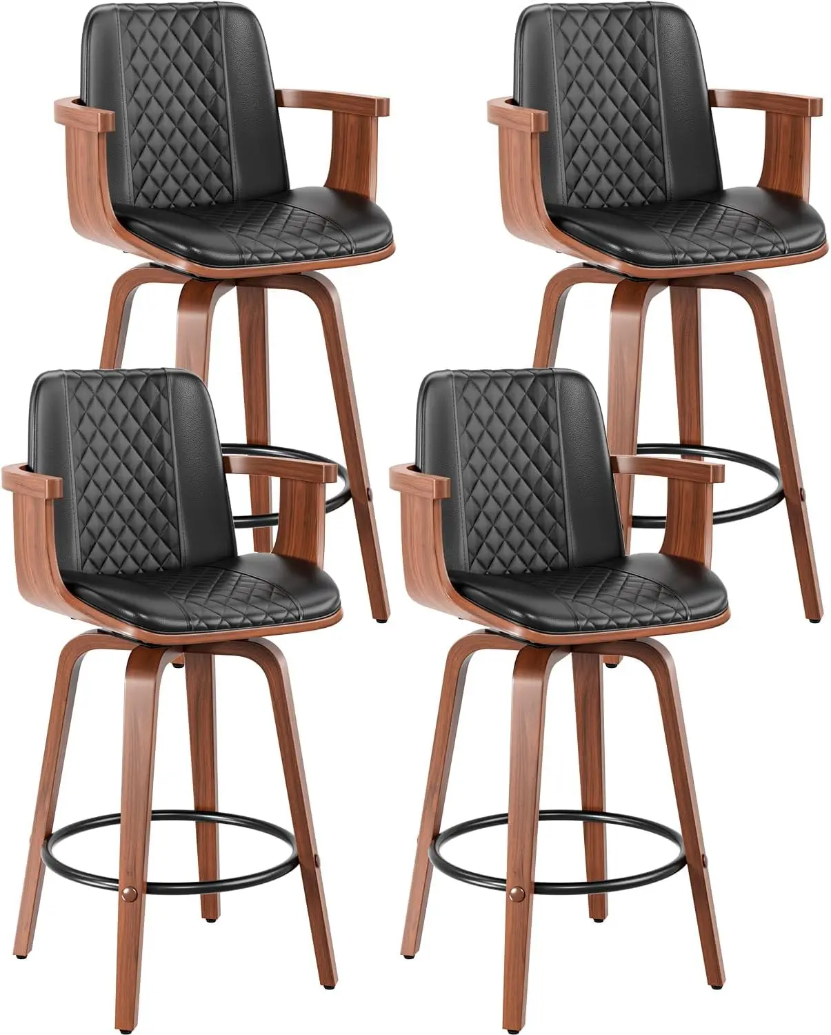 Bar Stools Set Of 4, 26 Inch Bentwood Barstools With Wooden Arms, Mid Century Modern Counter Height Swivel Bar Chairs Pu