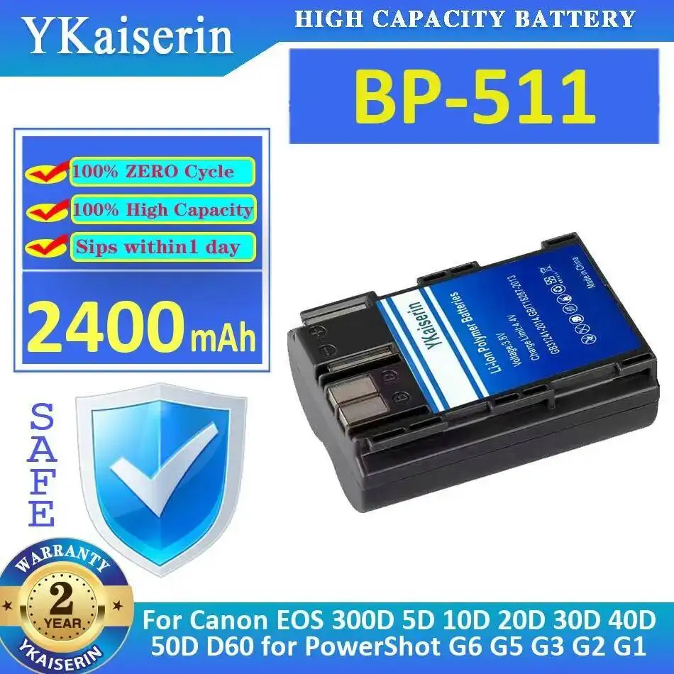 

Camera Battery BP-511 2400Mah For Canon Eos 300D 5D 10D 20D 30D 40D 50D D60 Powershot G6 G5 G3 G2 G1