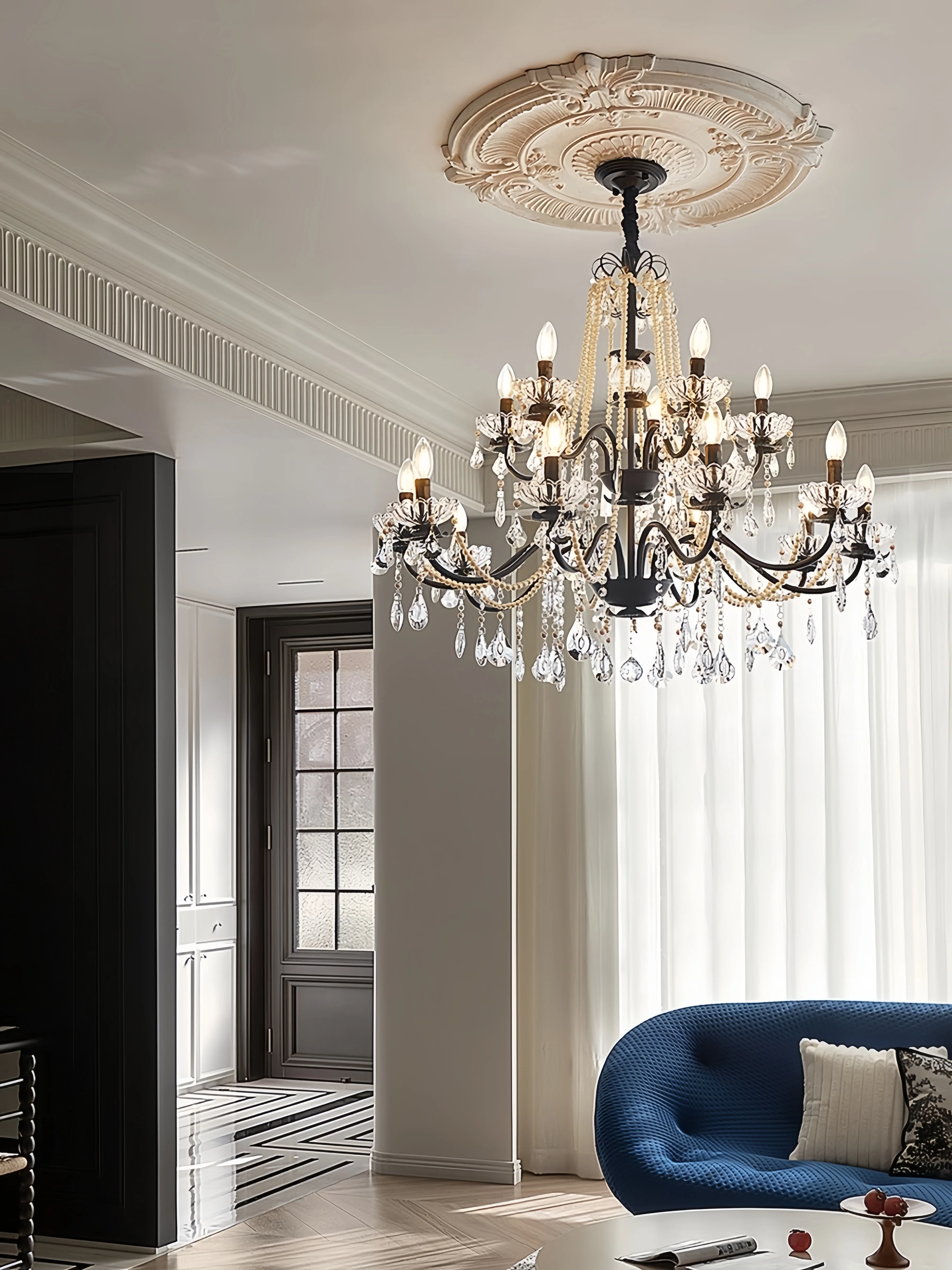French Luxury Crystal Chandelier Ancient Style Candle Lamp American Retro Dining Room Living Room Villa Staircase Pendant Light