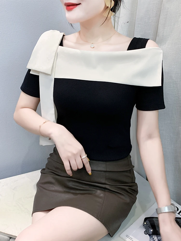 เสื้อเปิดไหล่เดี่ยว ผ้าทีร์ต สำหรับผู้หญิง แฟชั่นฤดูร้อน ดีไซน์สุดเซ็กซี่ ทรงเข้ารูป