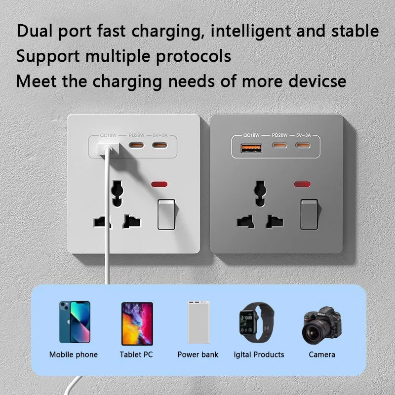 

20W Fast Charging Universal Wall Socket With USB And Dual Typec Compatible For UK AU US TH EU Standard 86mm X 86mm Made In China