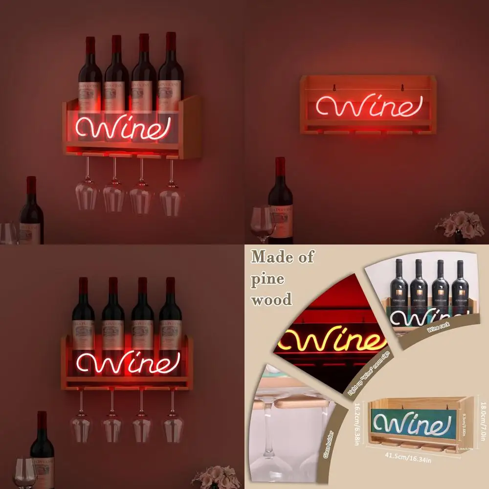

Illuminated Wall-Mounted Wine Rack with Glass Holder, Wooden Bottle Display, Decorative Neon Sign, Perfect Gift for Wine Enthusi