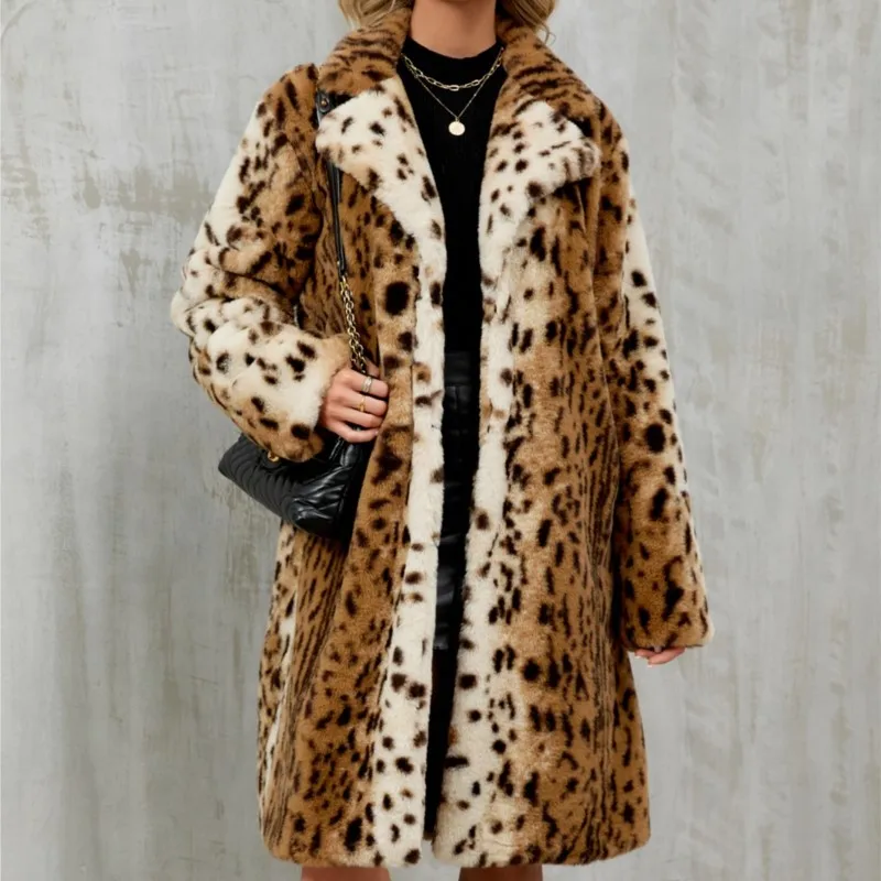 سترات شتوية سميكة ودافئة لعام 2025 معاطف طويلة من الفرو معاطف طويلة منفوشة ملابس خارجية سترات نسائية فضفاضة من الفرو الصناعي على شكل الفهد #3