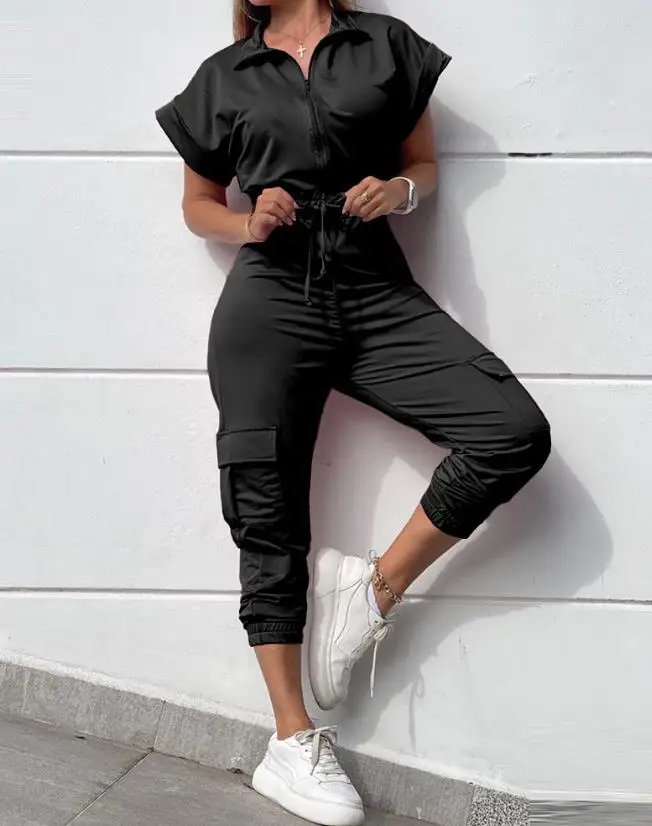 Slim Jumpsuit Women 2023 Workwear Sports Style Zipper Design Roll Hem Top & Drawstring Pocket Design Cuffed overalls for women