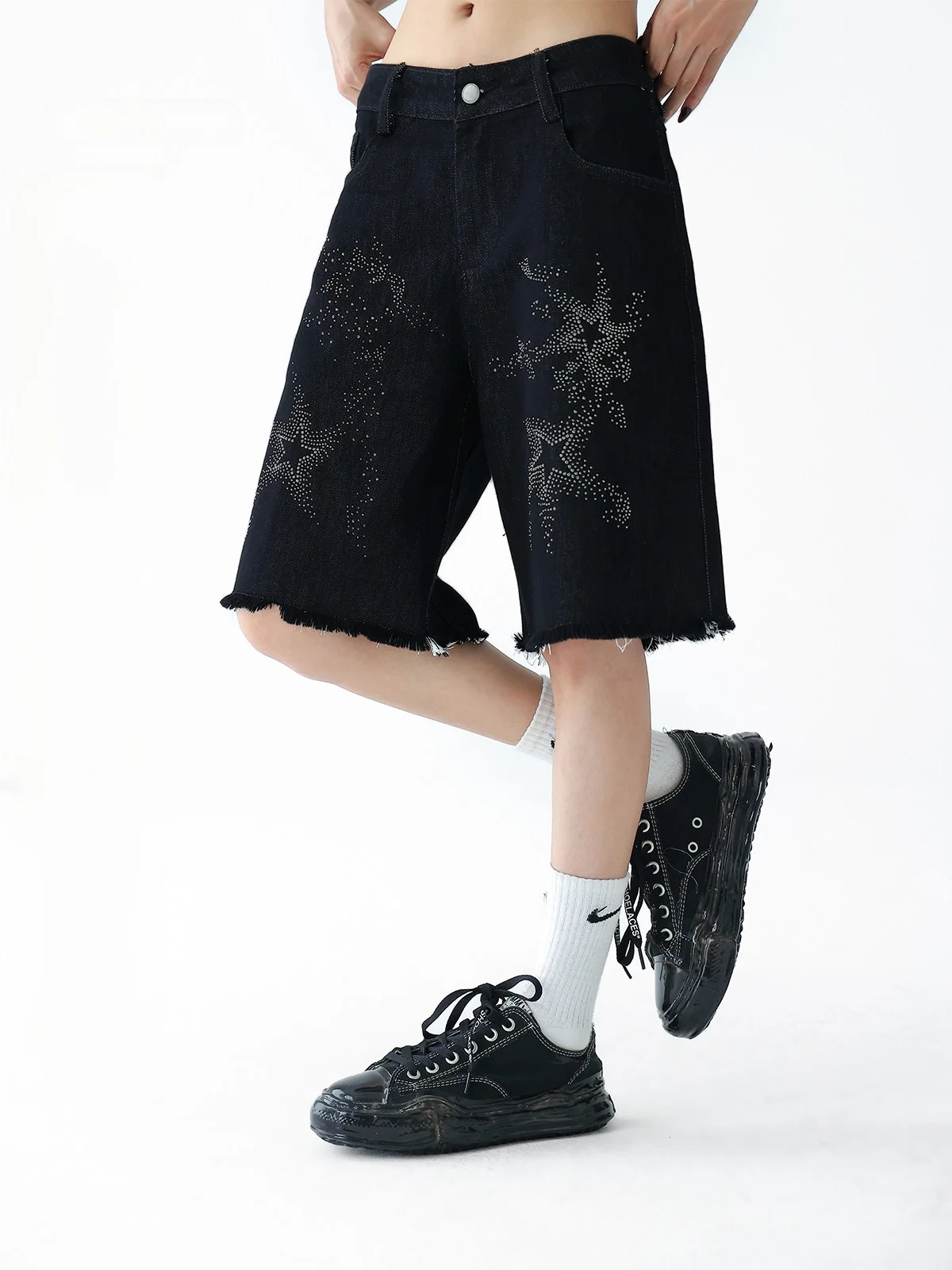 

Джинсы AceStudios Summer American Retro Starry Rhinestone Five-Point, женские, повседневные, свободные, прямые, модные, черные