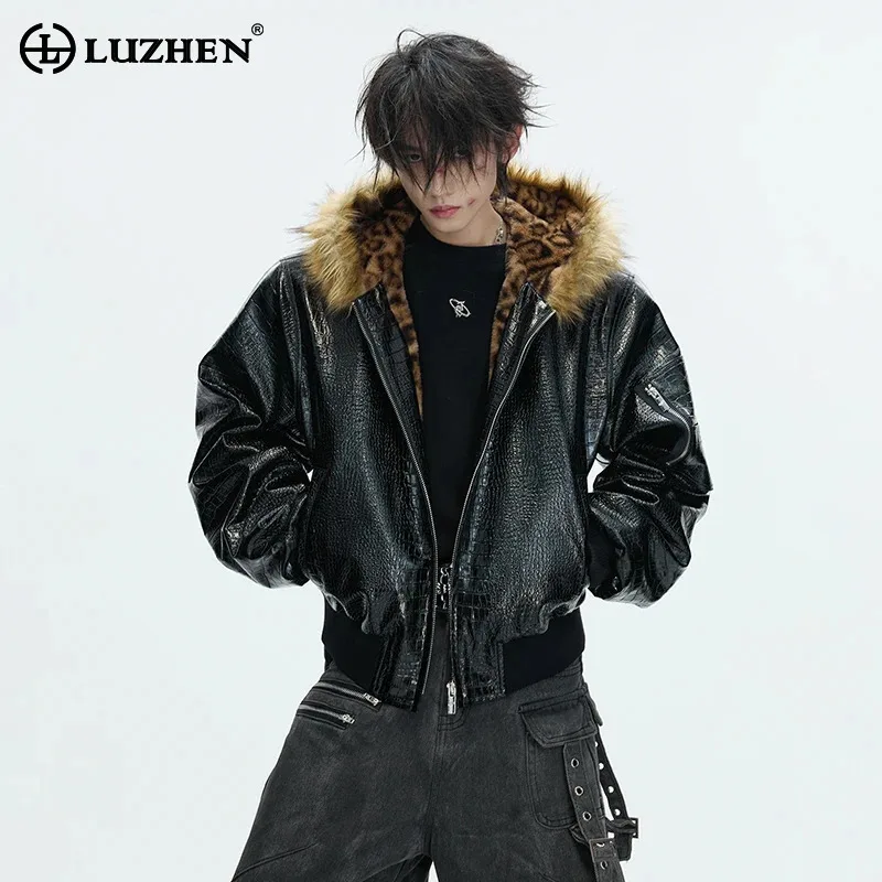LUZHEN 2025 invierno nuevo Original Reversible desgaste estampado de leopardo piel Abrigo acolchado con capucha moda de los hombres Parkas de cuero de calle JY5630