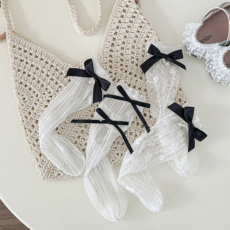 2026 Summer Thin Kids Girls Lace Socks Bow Ruffle Mesh Mid-Calf Socks Pearl Bow Children Fashion Accessory