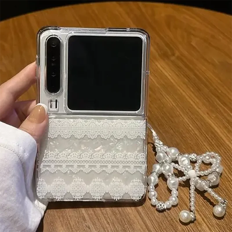Elegant Lace Shell Pattern PC Phone Case For Samsung Z Flip 7 6 5 /Xiaomi Mix Flip /Oppo Find N3 Flip Cover With Pearl Bracelet