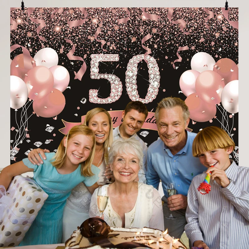 Fondo fotográfico de 50 ° para hombre y mujer, telón de fondo con globos de oro rosa, pancarta de accesorios para sesión fotográfica, fiesta de