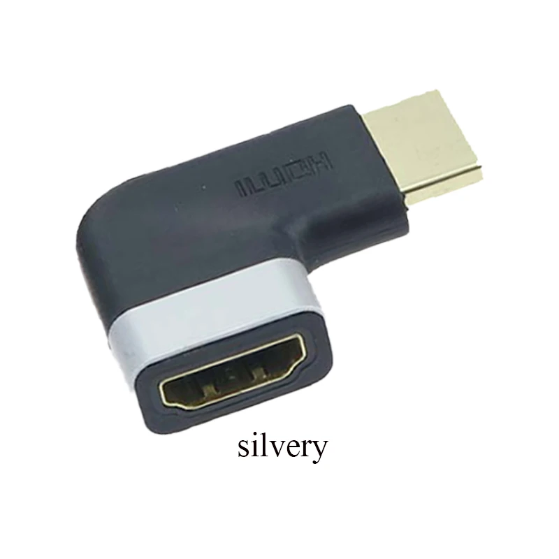 ตัวแปลง HDMI ตัวเมียเป็นตัวผู้ขั้วต่ออะแดปเตอร์ปลั๊กแบบโค้งงอขวาสีเทา/ซ้ายสีเงิน